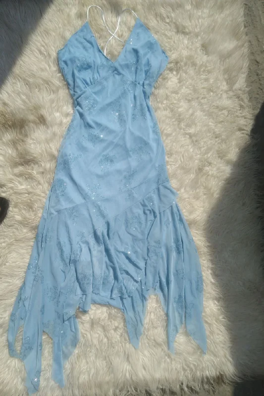 Light Blue V Neck Straps Vintage Long Party Dress, DP4326 Peplum Ruffle Cocktail