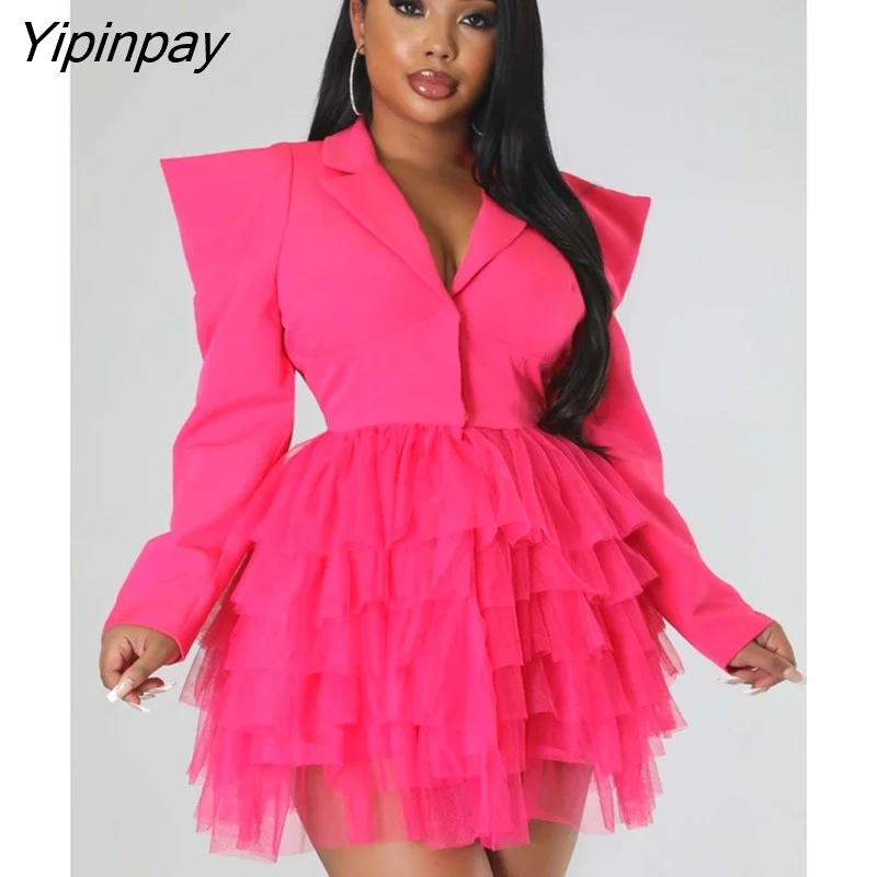 Yipinpay Women Notched Neck Puff Long Sleeve Mesh Cascading Ruffles Single Breasted Big Swing Blazer Dress Elegant Chic Vestidos Women's Fashion Blazer Yipinpay Women Notched Neck Puff Long Sleeve Mesh Cascading Ruffles Single Breasted Big Swing Blazer Dress Elegant Chic Vestidos Women's Fashion Blazer