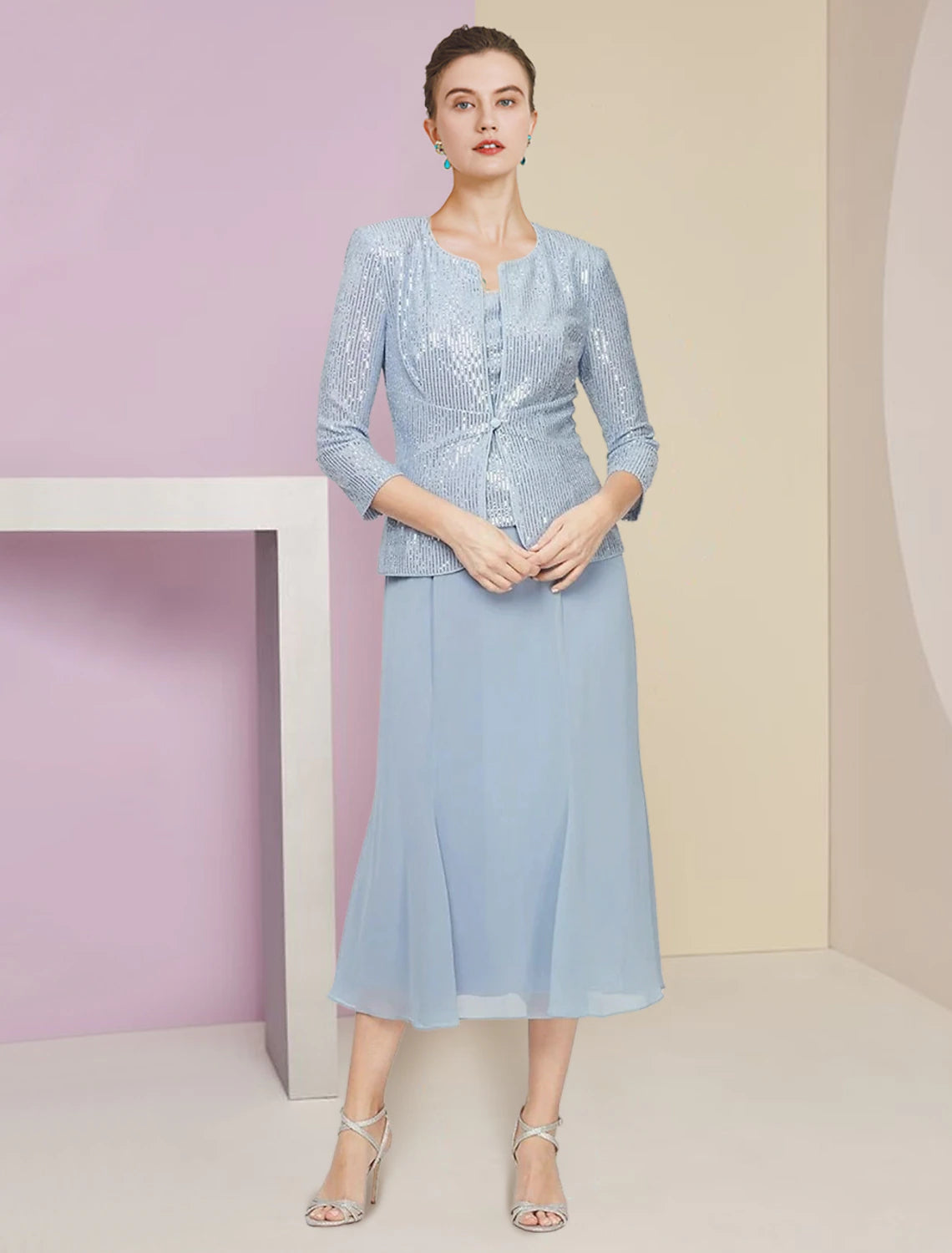 Two Piece A-Line Mother of the Bride Dress Wedding Guest Winter With Jacket 3/4 Sleeve Scoop Neck Tea Length Chiffon Sequined Pleats Sequin Solid Color Sparkle & Shine Petite Quilted Jacket Puffer Jacket Insulated Jacket Two Piece A-Line Mother of the Bride Dress Wedding Guest Winter With Jacket 3/4 Sleeve Scoop Neck Tea Length Chiffon Sequined Pleats Sequin Solid Color Sparkle & Shine Petite Quilted Jacket Puffer Jacket Insulated Jacket