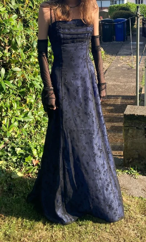 Dark Blue Spaghetti Straps A-Line Vintage Long Party Dress, DP3991 Boat Neckline Classic