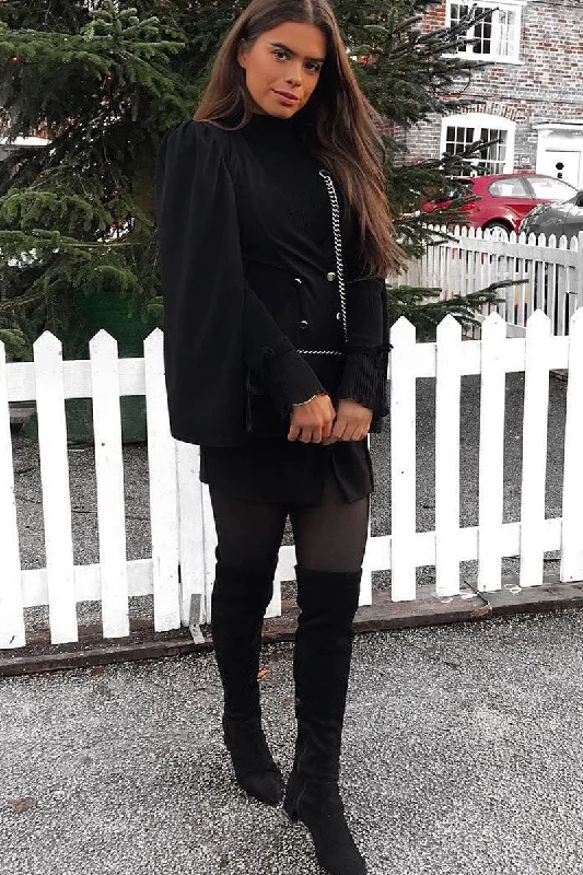 Black Button Front Cape Sleeve Blazer Dress - Abraya High-End Women's Suit