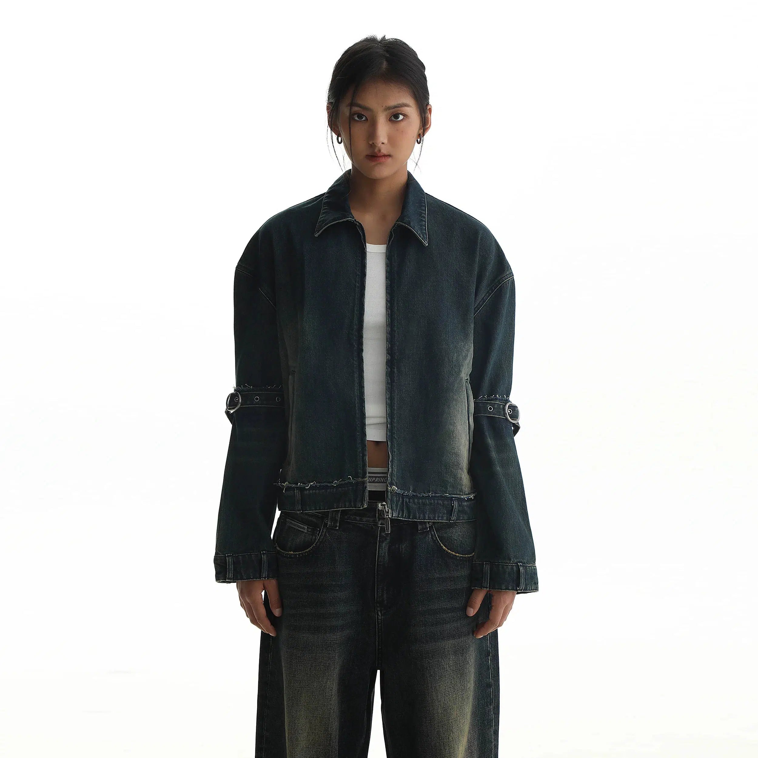 Denim Jacket With Distressed Strap Belts Rayon Fabric Velvet Fabric Corduroy Fabric Denim Jacket With Distressed Strap Belts Rayon Fabric Velvet Fabric Corduroy Fabric