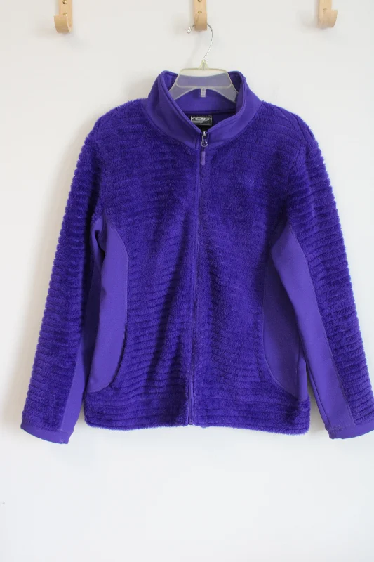 CB Purple Fuzzy Zip Up Jacket | L Boat Neck Shawl Collar Notched Collar