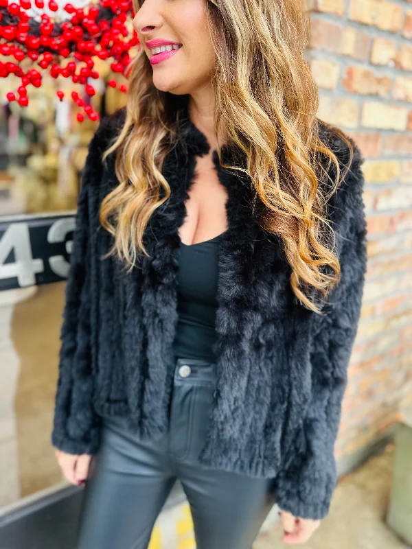 Liliana Faux Fur Jacket- Black Front Pockets Side Pockets Patch Pockets