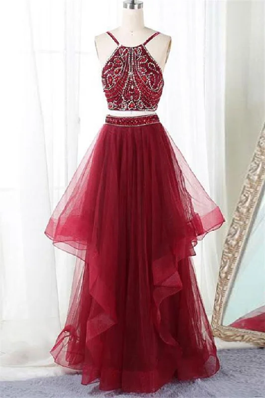 Two Piece Open Back Burgundy Beaded Tiered Skirt Prom Dresses Formal Evening Party Dress Tunics Favorite customer Two Piece Open Back Burgundy Beaded Tiered Skirt Prom Dresses Formal Evening Party Dress Tunics Favorite customer