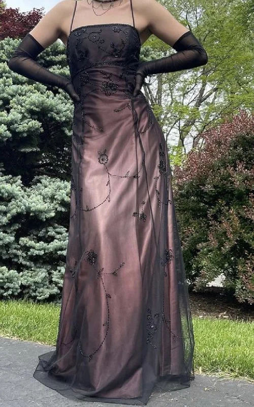 Elegant Brown Spaghetti Straps A-Line Vintage Long Party Dress, DP3989 Cowl Neckline Elegant