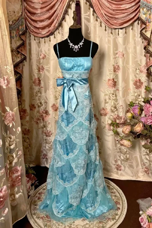 Blue Straps A-Line Lace Satin Vintage Long Party Dress, DP4328 Bodycon Fitted Nightout