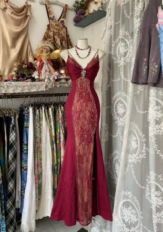 Burgundy Spaghetti Straps Lace Mermaid Vintage Long Evening Party Dress, DP4457 Tunics Practical durable