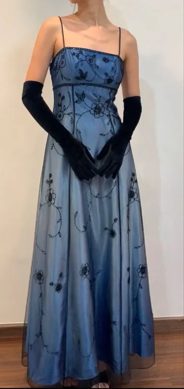 Elegant Blue Spaghetti Straps A-Line Vintage Long Party Dress, DP3990 Square Neckline Feminine
