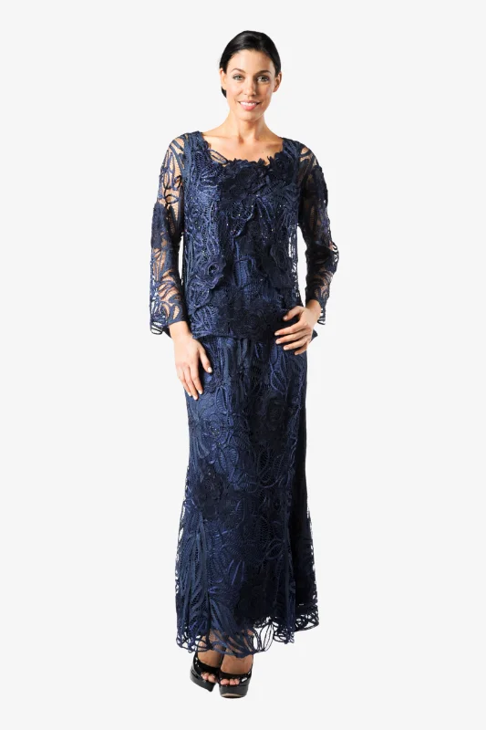 Soulmates D1104 Rose Embroidered Lace Evening Mother Of Bride Jacket Top and Skirt Set Notch Collar Peter Pan Collar Cowl Neck Soulmates D1104 Rose Embroidered Lace Evening Mother Of Bride Jacket Top and Skirt Set Notch Collar Peter Pan Collar Cowl Neck