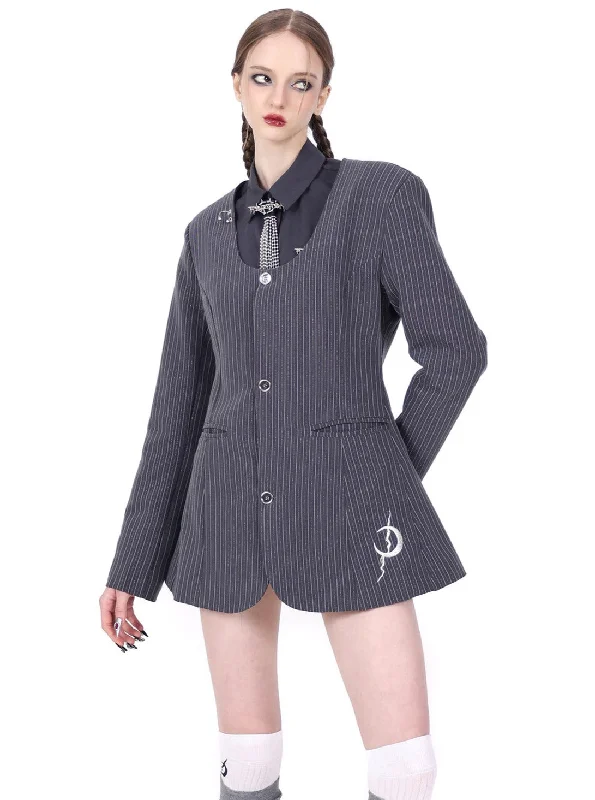 PINKSPINK Gothic Pinstripe Peplum Jacket - Charcoal Gray Fleece Jacket Down Jacket Parka PINKSPINK Gothic Pinstripe Peplum Jacket - Charcoal Gray Fleece Jacket Down Jacket Parka