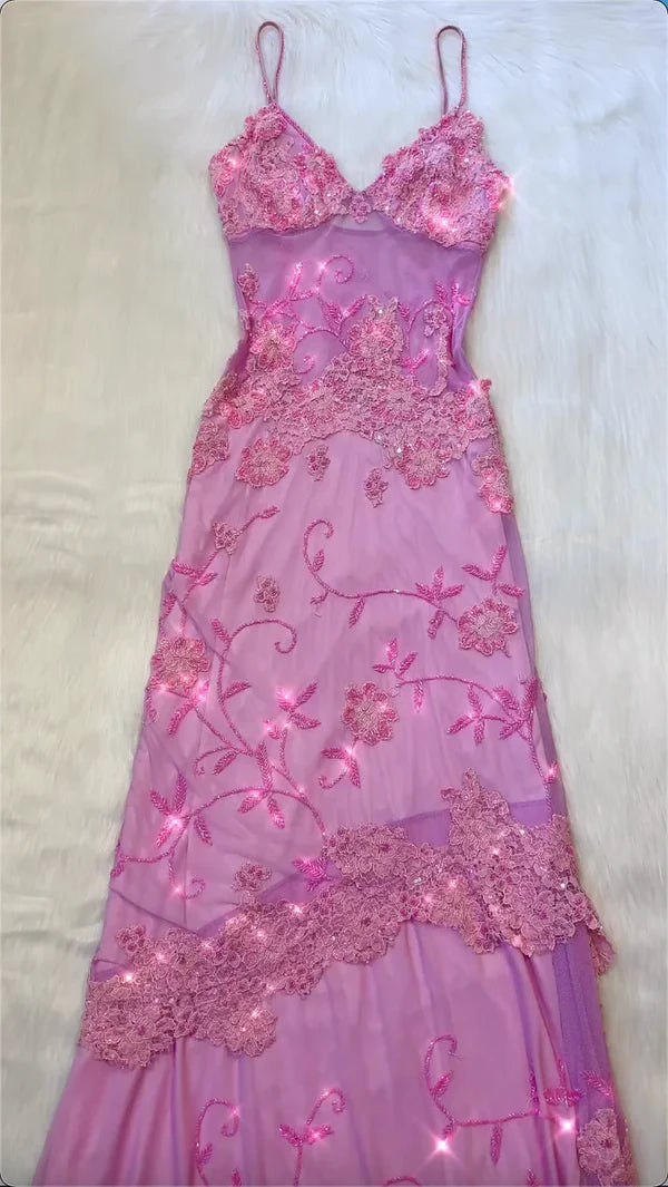 Pink Spaghetti Straps Beading Sheath Vintage Long Party Dress Evening Gown, DP4387 Sequined Elegant Party