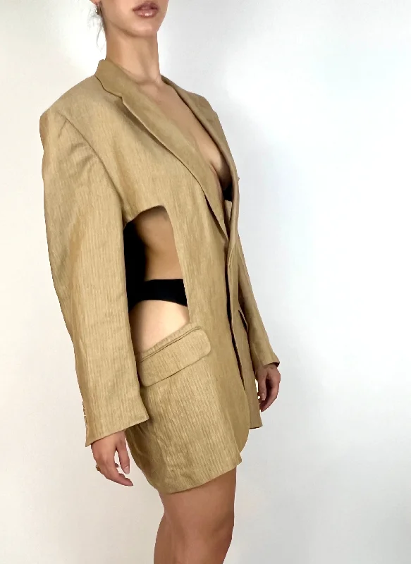 CUSTOM VTG SILK OVERSIZED BLAZER, CUT-OUT. BEIGE CHEVRON WEAVE Women's Business Blazer