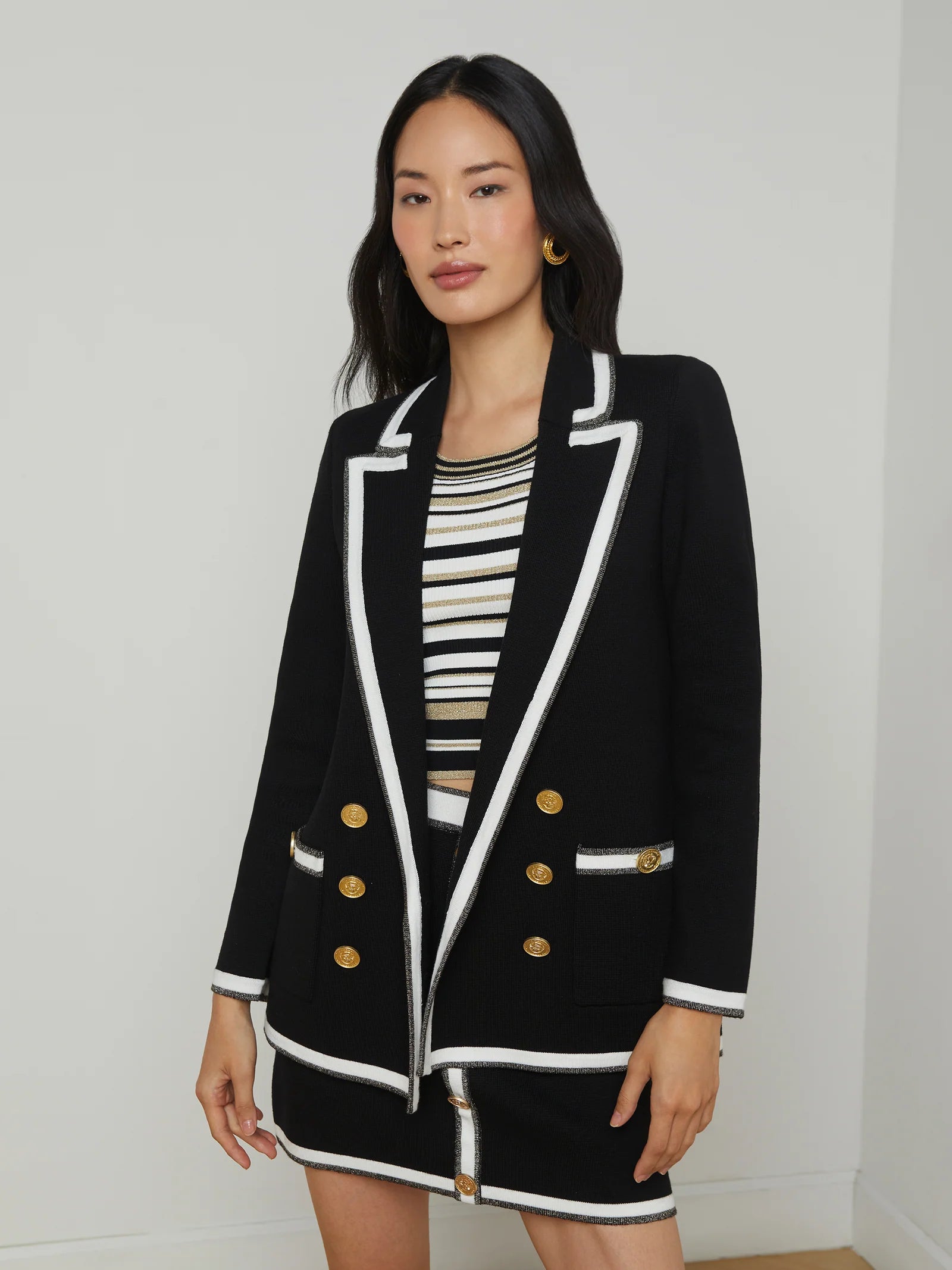 Kenji Oversized Knit Blazer Black/White/Gold Lurex - L'AGENCE Women's Party Jacket