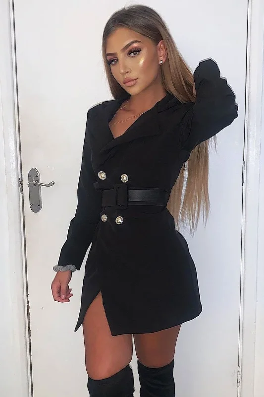 Black Silver Button Belted Blazer Dress - Hattie Women's Long Blazer