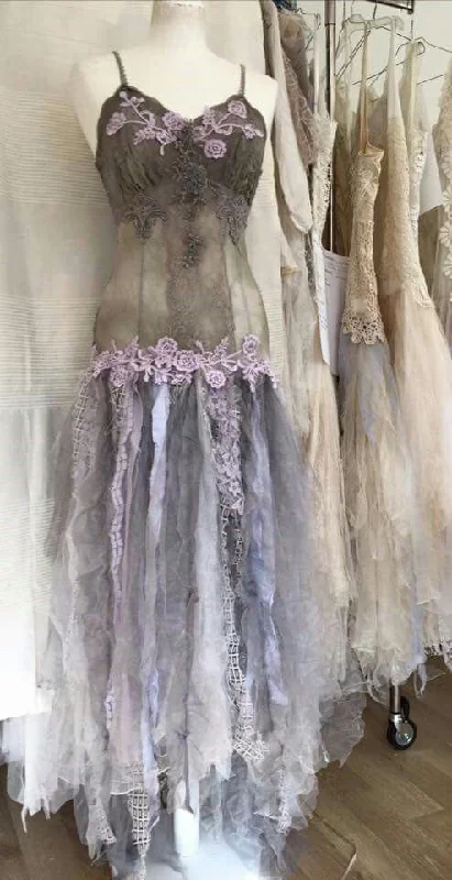 Grey Straps Tulle Appliques A-Line Vintage Long Party Dress , DP4325 Pleated Skirt Elegant