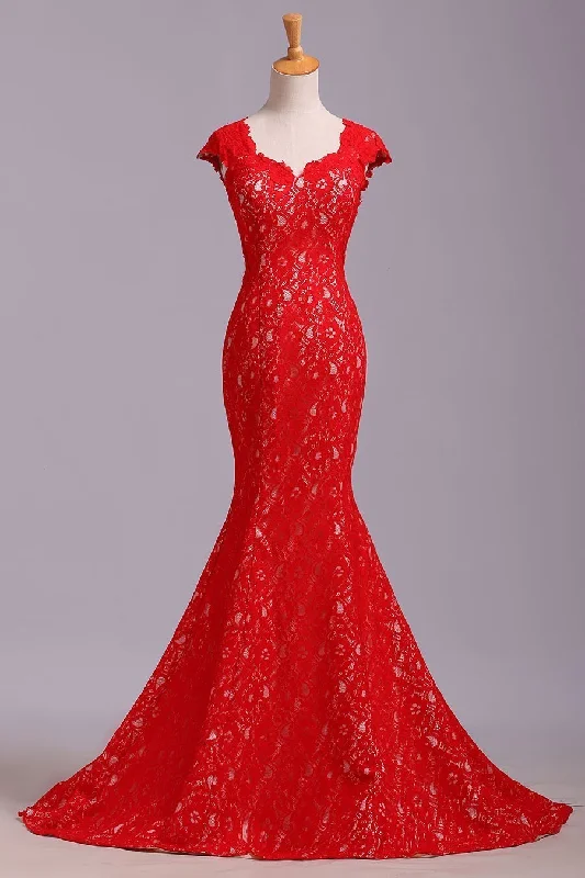 Elegant Red Sweetheart Mermaid Lace Cap Sleeve Open Back Prom Dress Party Dresses Tunics Exclusive limited Elegant Red Sweetheart Mermaid Lace Cap Sleeve Open Back Prom Dress Party Dresses Tunics Exclusive limited