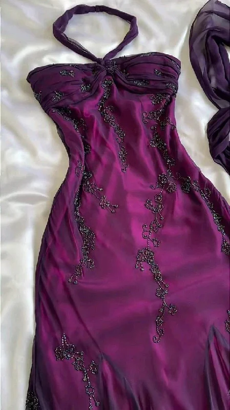 Vintage Dark Purple Halter Beading Ruffle Charming Party Dress, DP2277 Tunics Timeless classic Vintage Dark Purple Halter Beading Ruffle Charming Party Dress, DP2277 Tunics Timeless classic