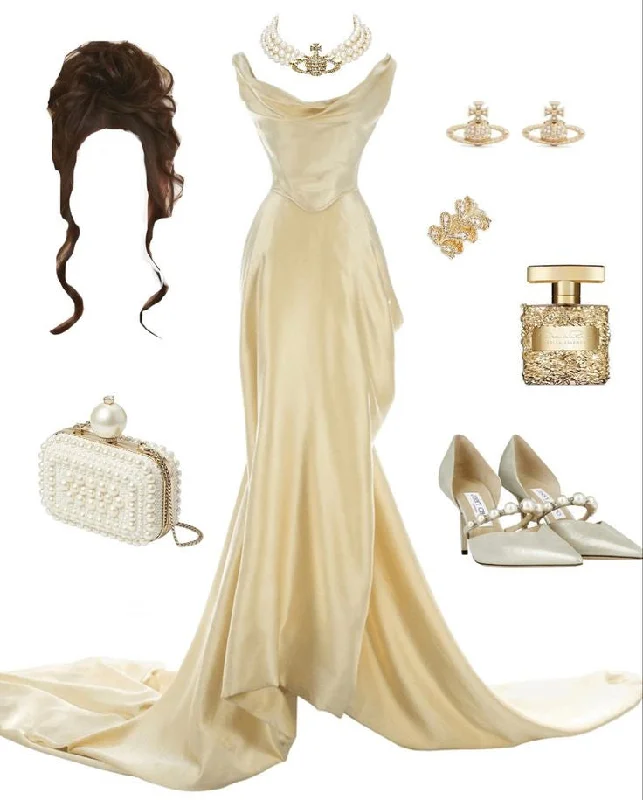 Light Yellow Straps Mermaid Satin Vintage Long Party Dress Evening Gown, DP4379 Satin Halter Glamorous
