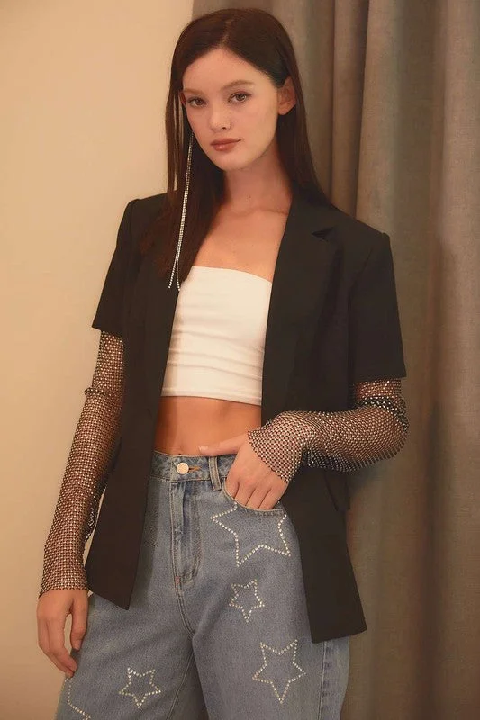 This Is How We Do It Rhinestone Fishnet Sleeve Blazer Women's Luxury Jacket