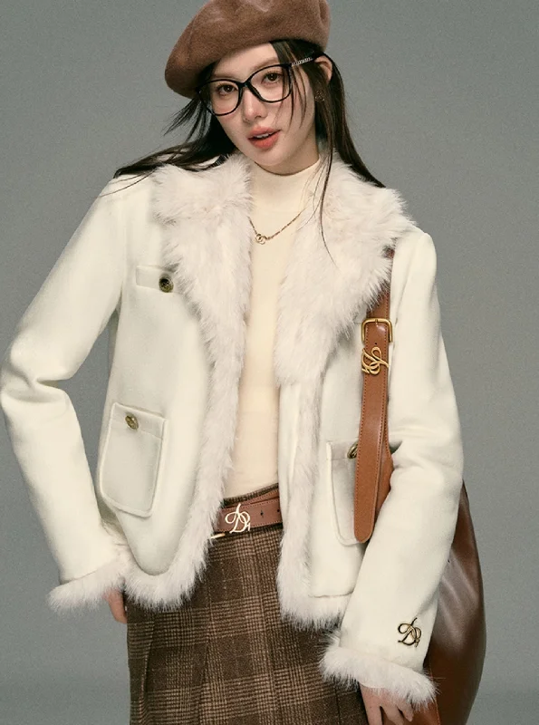 Ivory Boucle Jacket: Faux Fur Trim Cropped Coat with Gold Buttons Insulated Jacket Fitted Jacket Loose Jacket Ivory Boucle Jacket: Faux Fur Trim Cropped Coat with Gold Buttons Insulated Jacket Fitted Jacket Loose Jacket
