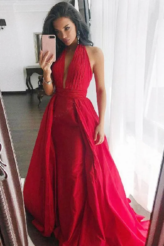 Sheath Halter Sweep Train Pleated Red Satin Prom Dress Sleeveless V Neck Party Dress Tunics Modern contemporary
