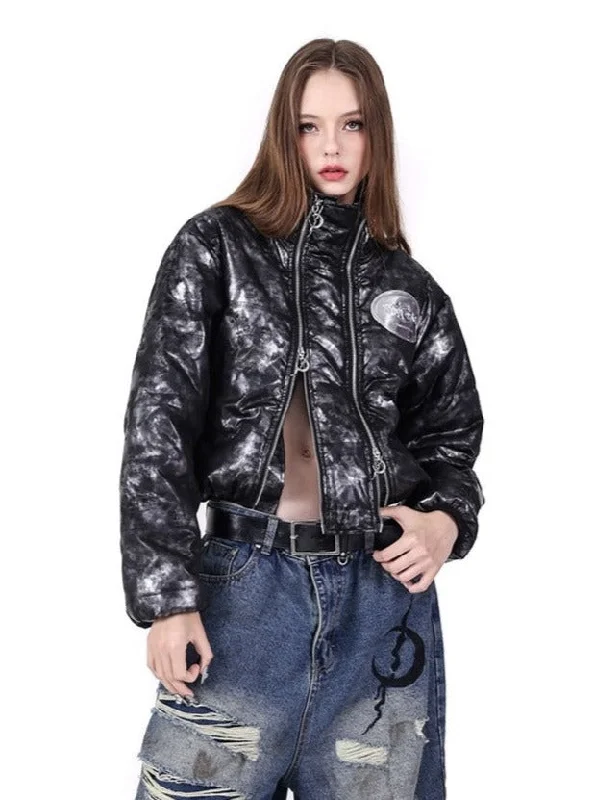 PINKSPINK Metallic Skull Puffer Jacket - Black/Silver Snapped Jacket Toggled Jacket Drawstring Jacket PINKSPINK Metallic Skull Puffer Jacket - Black/Silver Snapped Jacket Toggled Jacket Drawstring Jacket