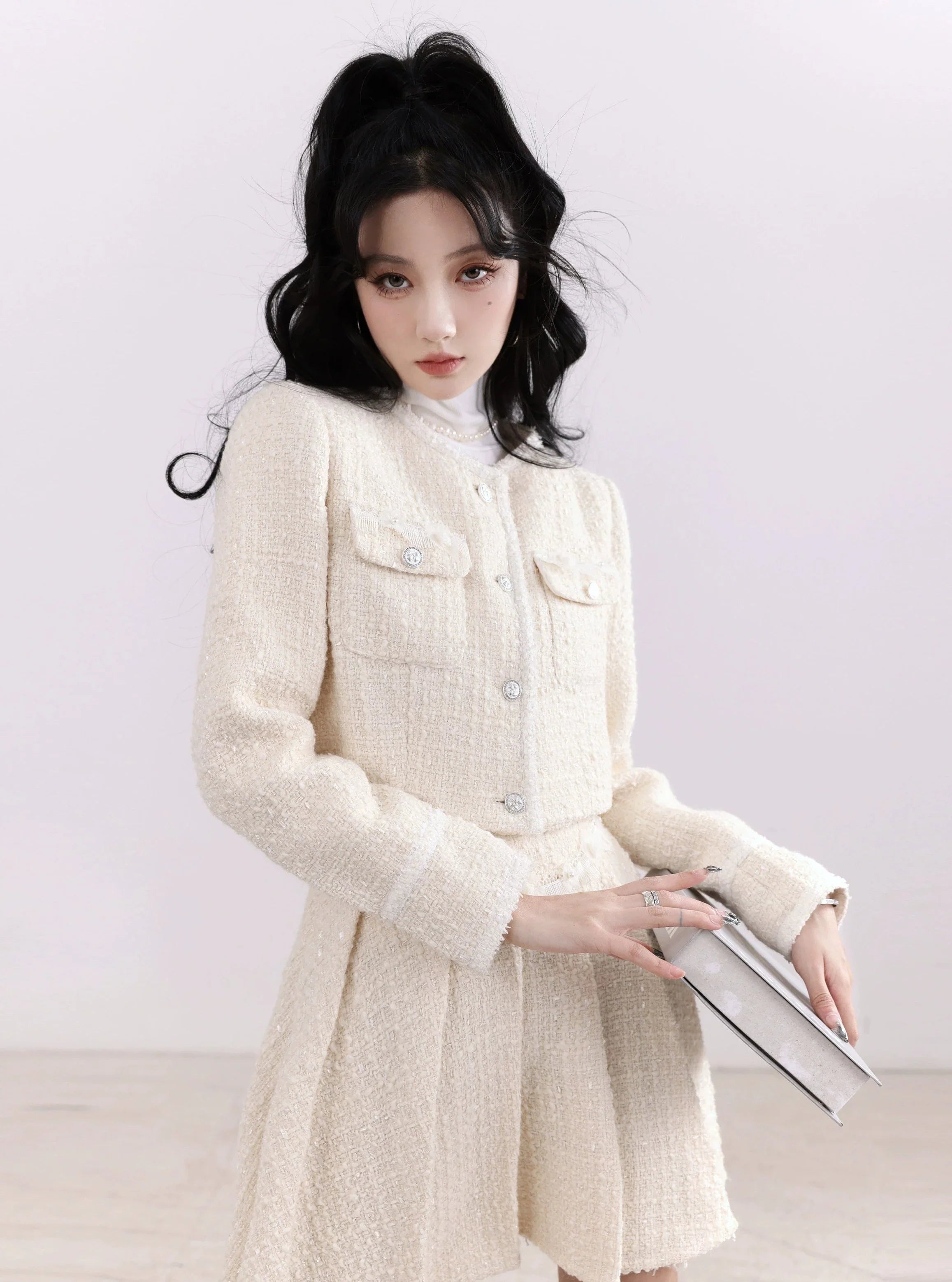 Chanel-Inspired Tweed Crop Jacket and Pleated Skirt Set - Ivory Elegance Satin Fabric Silk Fabric Chiffon Fabric Chanel-Inspired Tweed Crop Jacket and Pleated Skirt Set - Ivory Elegance Satin Fabric Silk Fabric Chiffon Fabric