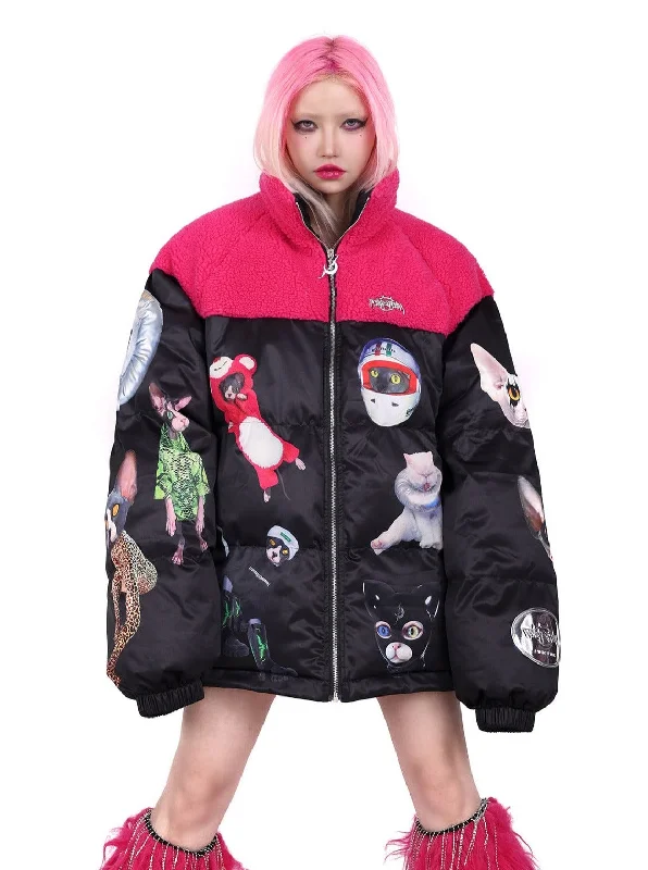 PINKSPINK Quirky Animal Collage Puffer Jacket - Black and Hot Pink Denim Fabric Leather Fabric Suede Fabric PINKSPINK Quirky Animal Collage Puffer Jacket - Black and Hot Pink Denim Fabric Leather Fabric Suede Fabric