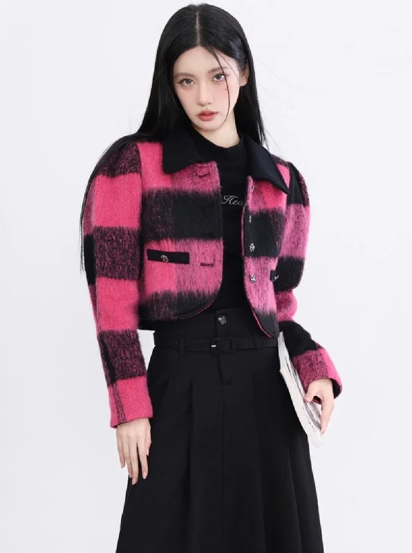 Bold Buffalo Plaid Cropped Jacket: Pink and Black Fuzzy Wool Blend with Contrast Collar Jacket Blazer Coat Bold Buffalo Plaid Cropped Jacket: Pink and Black Fuzzy Wool Blend with Contrast Collar Jacket Blazer Coat