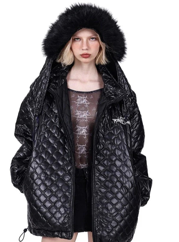 PINKSPINK Quilted Fur-Trimmed Puffer Jacket - Green and Black Welt Pockets Slit Pockets Flap Pockets PINKSPINK Quilted Fur-Trimmed Puffer Jacket - Green and Black Welt Pockets Slit Pockets Flap Pockets