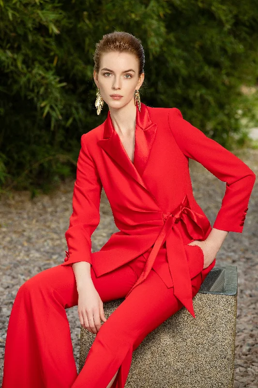 Red V-neck Double Breasted Blazer Women's Trendy Suit