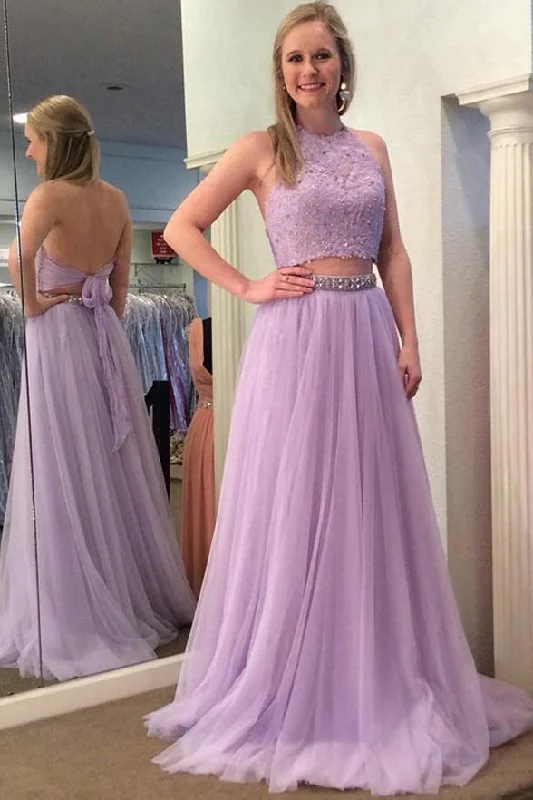 Open Back High Neck Lilac Beaded Long Two Piece Prom Dress Formal Evening Party Dresses Tunics Running lightweight