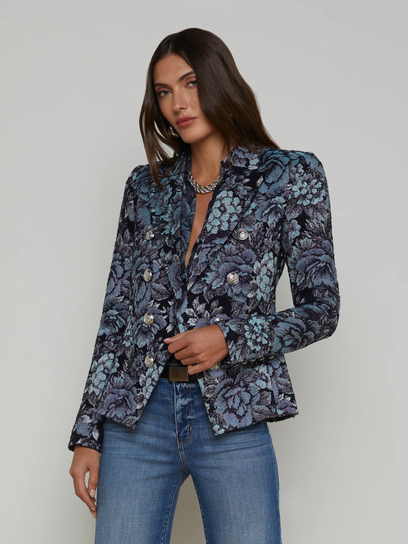 Bethany Jacquard Blazer Black/Midnight Floral - L'AGENCE Women's Elegant Blazer