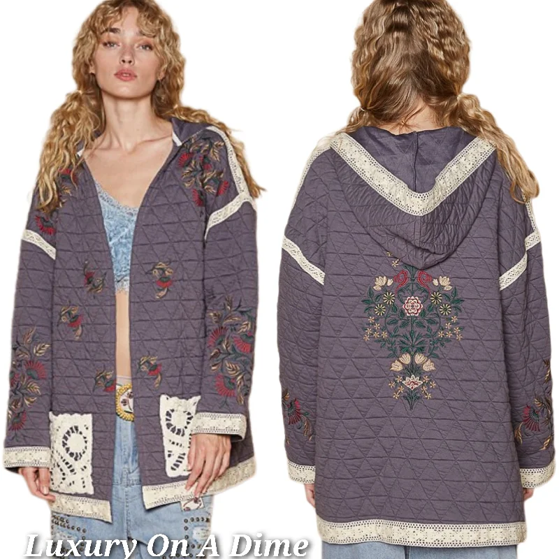 POL Embroidered Crochet Lace Hood Retro Floral Patchwork Oversized Boho Jacket Welt Pockets Slit Pockets Flap Pockets POL Embroidered Crochet Lace Hood Retro Floral Patchwork Oversized Boho Jacket Welt Pockets Slit Pockets Flap Pockets