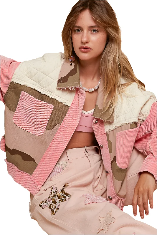 POL Corduroy Camo Quilted Patchwork Retro Boho Raw Seam Button-Up Jacket Hoodie Zip-Up Jacket Button-Up Jacket