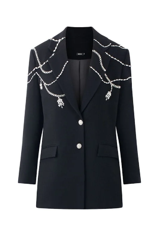 DEARIE BLACK STRAIGHT CRYSTAL BLAZER Women's Trendy Jacket