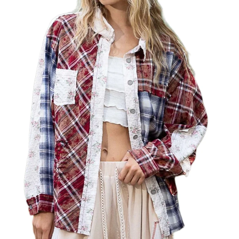 POL Shacket Floral Plaid Patchwork Oversized Long Sleeve Button-Up Shirt Jacket Trench Coat Raincoat Waterproof Jacket