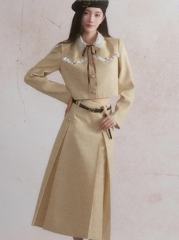 Vintage Prairie Chic Crop Jacket and A-Line Midi Skirt Set - Golden Wheat Denim Fabric Leather Fabric Suede Fabric Vintage Prairie Chic Crop Jacket and A-Line Midi Skirt Set - Golden Wheat Denim Fabric Leather Fabric Suede Fabric