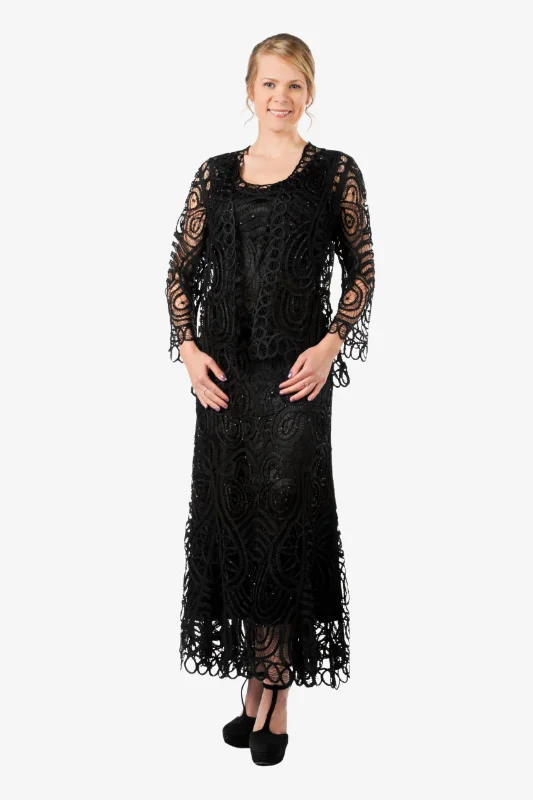 Soulmates D7052 Hand Crocheted Lace Evening Mother of Groom Dress with Jacket Set Chenille Fabric Brocade Fabric Lace Fabric Soulmates D7052 Hand Crocheted Lace Evening Mother of Groom Dress with Jacket Set Chenille Fabric Brocade Fabric Lace Fabric