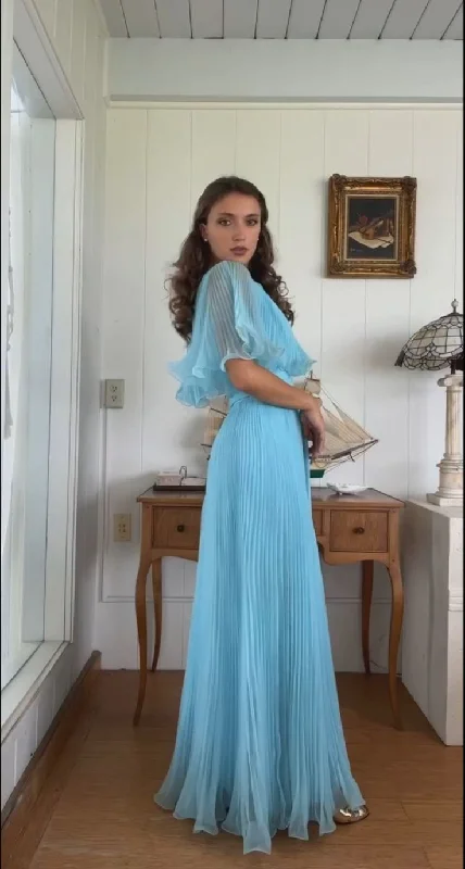 Elegant Blue A-Line Pleated Chiffon Vintage Long Party Dress Birthday Outfits, DP4443 Tunics Chic elegant
