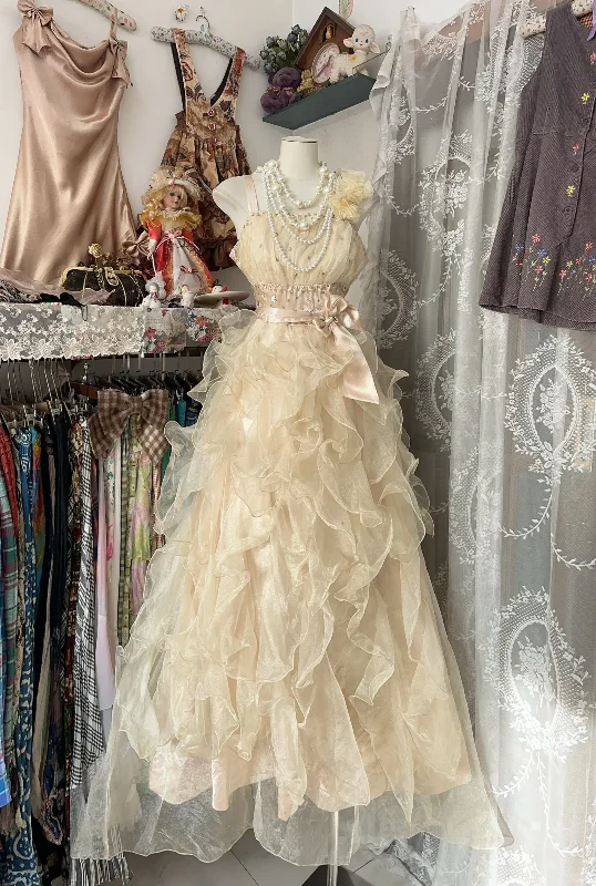 Champagne Straps A-Line Beading Organza Vintage Long Party Dress, DP4460 Tunics Sophisticated sleek Champagne Straps A-Line Beading Organza Vintage Long Party Dress, DP4460 Tunics Sophisticated sleek