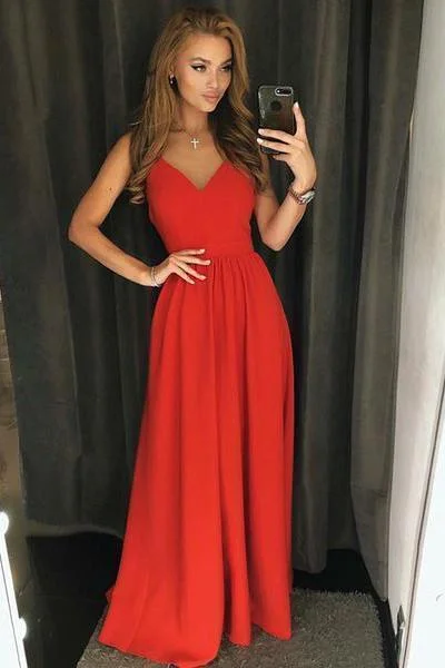 Simple A Line Red Spaghetti Straps V Neck Backless Prom Dresses Long Party Dresses Tunics Designer luxury