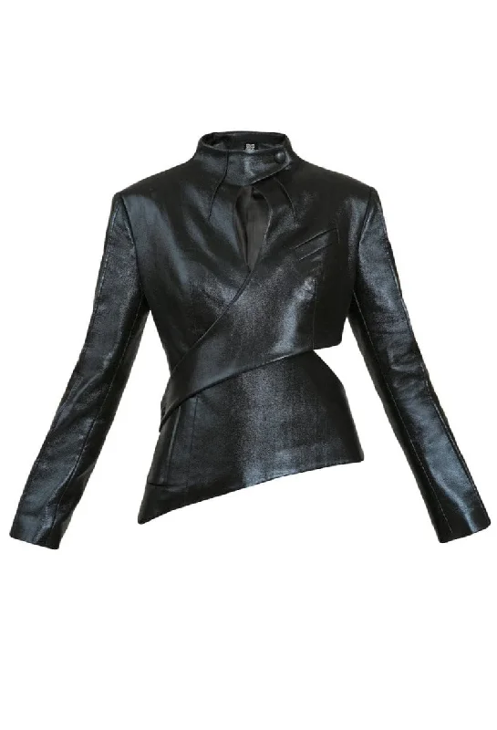 ASYMMETRIC CUTOUT VEGAN LEATHER BLAZER Women's Handmade Blazer