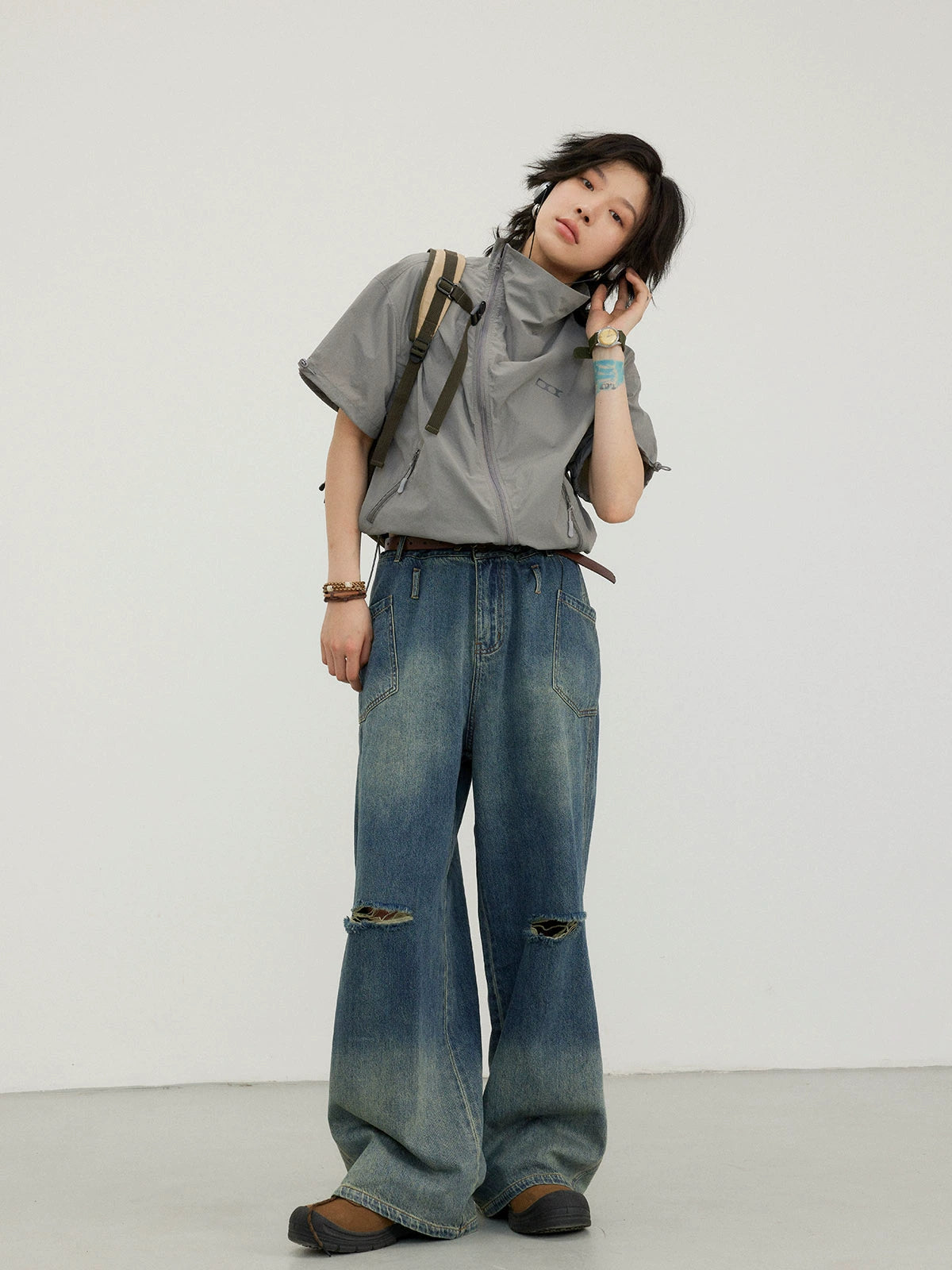 octopusme Asymmetrical Zip-Up Jacket Welt Pockets Slit Pockets Flap Pockets