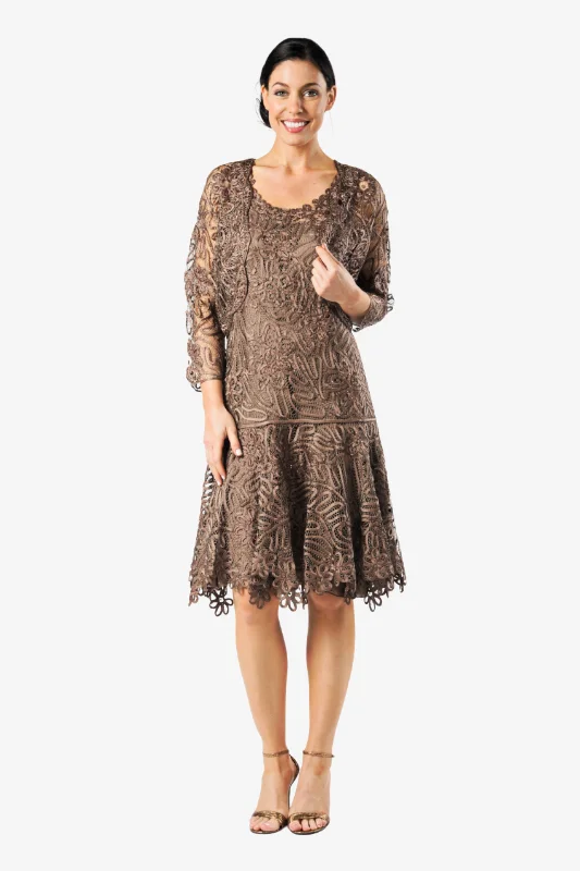 Soulmates C9126 Silk Beaded Tea Length Dress with Bolero Jacket Set Satin Fabric Silk Fabric Chiffon Fabric Soulmates C9126 Silk Beaded Tea Length Dress with Bolero Jacket Set Satin Fabric Silk Fabric Chiffon Fabric