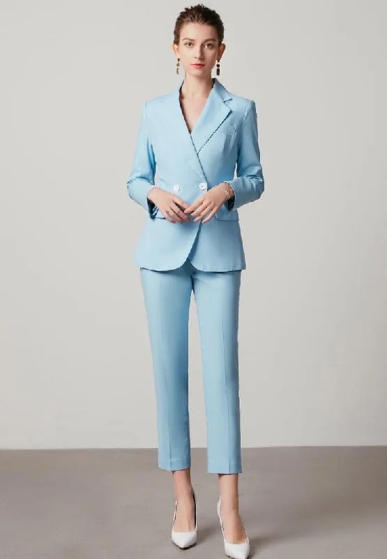 Blue Tailored V-Neck Blazer Suit Women's Elegant Jacket