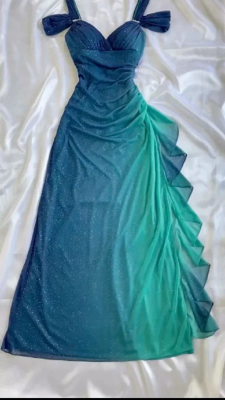 Vintage Ombre Straps Off Shoulder Ruffles Chiffon Long Party Dress, DP4386 Glittery Long Formal