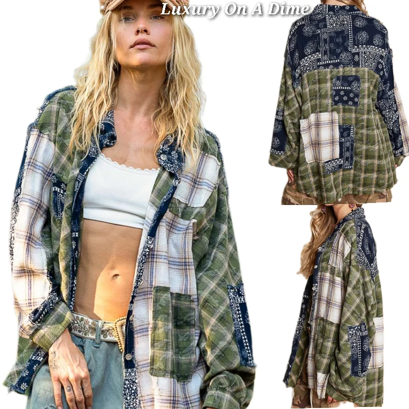 POL Shacket Floral Plaid Patchwork Oversized Long Sleeve Button-Up Shirt Jacket Cardigan Sweater Pullover