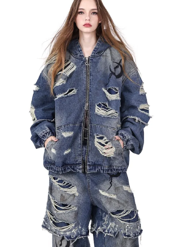 PINKSPINK Distressed Denim Layered Hoodie Jacket - Blue Embroidered Jacket Appliqued Jacket Beaded Jacket PINKSPINK Distressed Denim Layered Hoodie Jacket - Blue Embroidered Jacket Appliqued Jacket Beaded Jacket